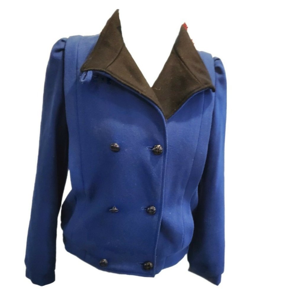Vintage 80s Womens Blue Wool Peacoat Bomber Jacket Lined Size Double Breasted Sm